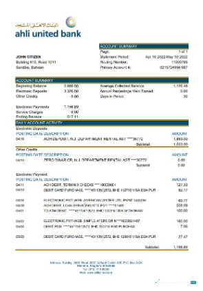 Download Bahrain Ahli United Bank statement excel Photoshop template
